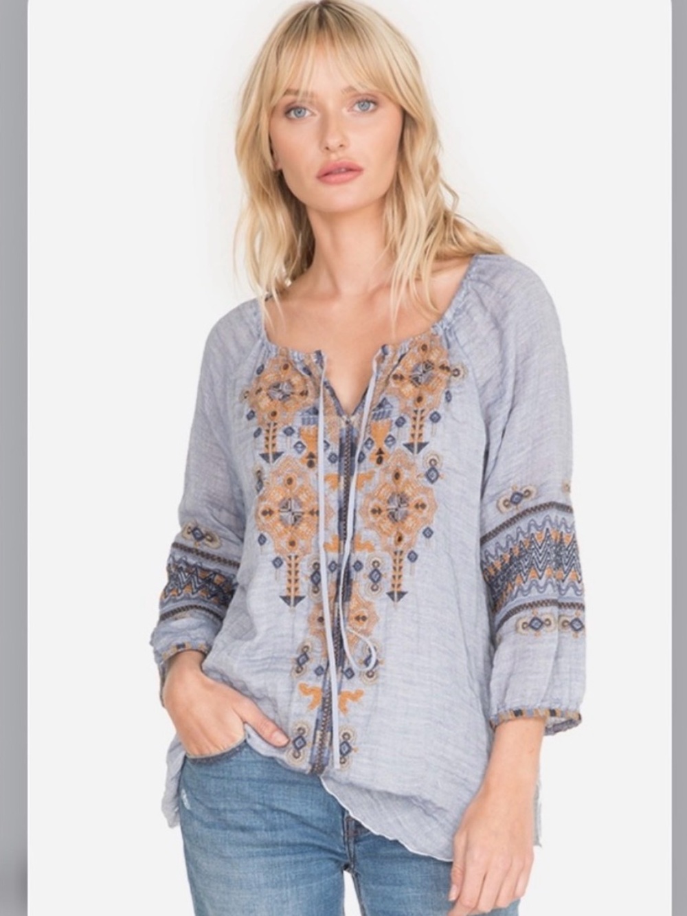 Johnny Was Workshop Amika Embroidered Peasant Top Blue Boho Medium